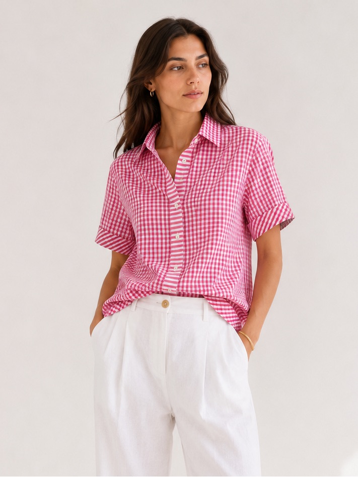 New! Hinson Wu Layla Magenta Pink Gingham Mixed Stripe Button Front Cotton Top